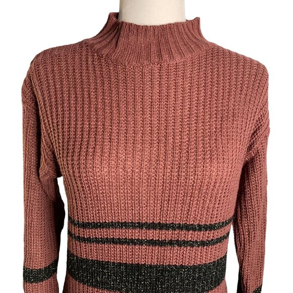 Love Change Mock Neck Sweater Dress M Maroon Knit Long Sleeve Metallic Stripe - Picture 2 of 6